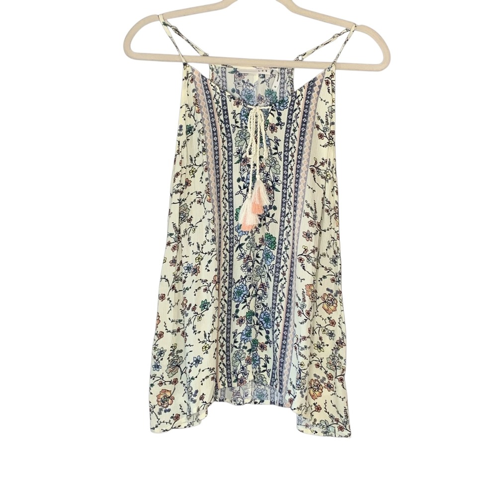 LUQ white floral bohemian tassel tie razorback tank top blouse. Size M
